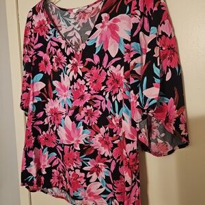 Elegant Floral V-Neck Blouse - Pink and Black